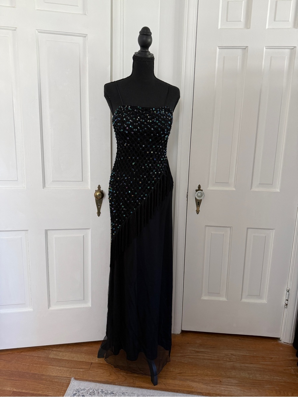 Black Sequin Fringe Evening Gown
